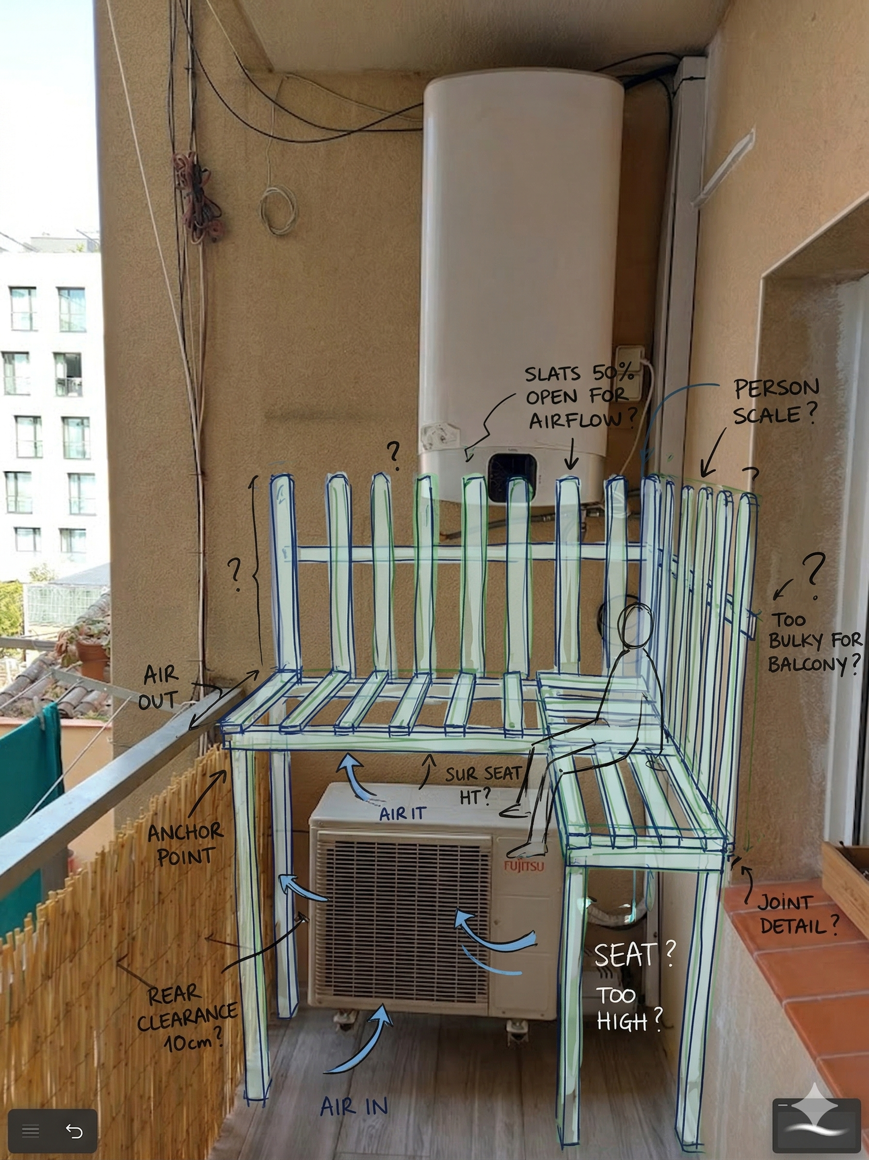 Sketchbook overlay on balcony photo