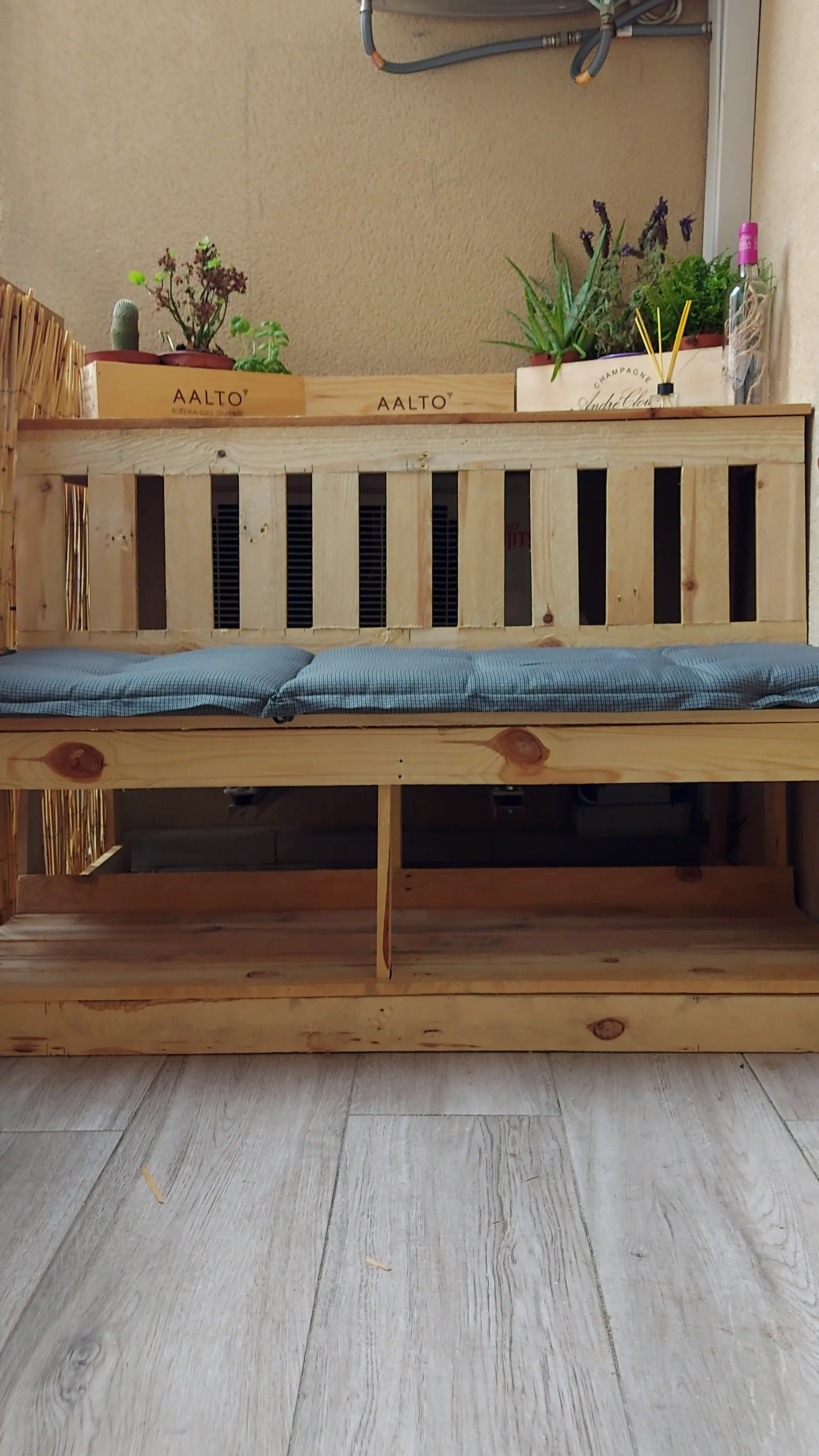Full balcony view with bench